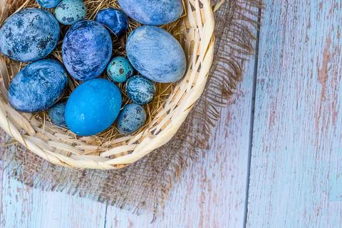 Blue Easter eggs in a natural style. Eggs in a nest of hay in a wicker basket Stock Photos