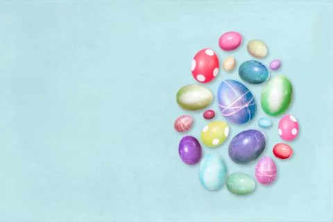 Blue easter greeting card with copyspace, colorful dyed easter eggs with egg  Stock Photos