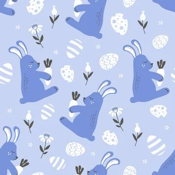 Blue easter pattern with cute white hares with flowers and easter eggs Illustrazione stock