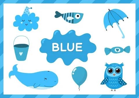 Blue. Educational worksheet for kids. Learning the color blue set Stock Illustration