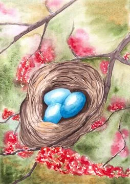 Blue eggs in nest on blossoming tree branch, green spring background Stock Illustration