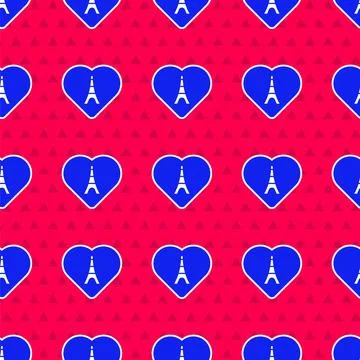 Blue Eiffel tower with heart icon isolated seamless pattern on red background Stock Illustration