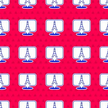 Blue Eiffel tower icon isolated seamless pattern on red background. France Paris Stock Illustration