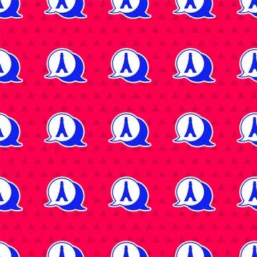 Blue Eiffel tower icon isolated seamless pattern on red background. France Paris Stock Illustration