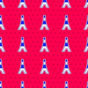 Blue Eiffel tower icon isolated seamless pattern on red background. France .. Illustrazione stock