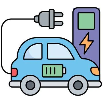 Blue electric car at EV charging station with battery symbol Stock Illustration