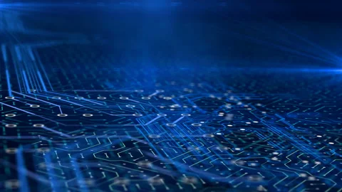 Blue electric microchip board with circuit electrons moving, modern technology 스톡 동영상 115172978
