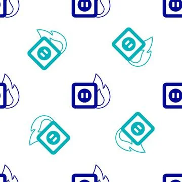 Blue Electric wiring of socket in fire icon isolated seamless pattern on white Stock Illustration