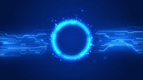 Blue electronic HUD circle visual bright cyan scanner ring, circuit paths, and c Stock Footage 340567278