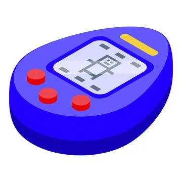 Blue electronic toy with pixelated screen displaying stick figure character.. Illustrazione stock