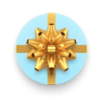 Blue elegant circle gift box with golden luxury bow ribbon top view 3d icon.. Stock Illustration