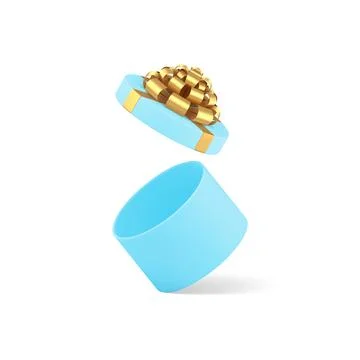 Blue elegant circle open gift box with golden luxury bow ribbon 3d icon rea.. Stock Illustration