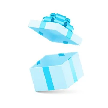 Blue elegant flying squared gift box with luxury bow ribbon empty pack 3d i.. Illustrazione stock