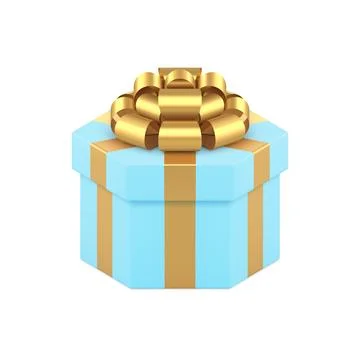 Blue elegant hexagonal gift box with golden luxury bow ribbon 3d icon realist Stock Illustration