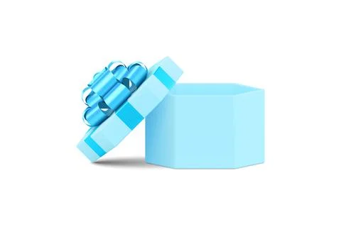 Blue elegant hexagonal gift box open present pack with luxury bow ribbon 3d.. Stock Illustration