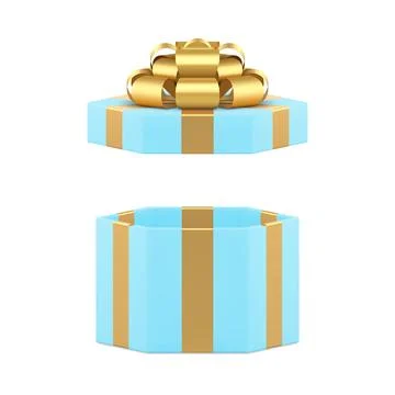 Blue elegant hexagonal open gift box with luxury golden bow ribbon 3d icon .. Illustrazione stock