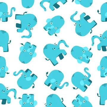 Blue elephants seamless pattern in cartoon flat style Stock Illustration