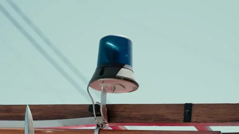 Blue Emergency Beacon Light on Vintage Fire Truck Against Sky Stock Footage 344013527