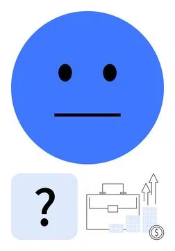 Blue emotionless face, question mark in square, briefcase with upward arrows, Stock Illustration