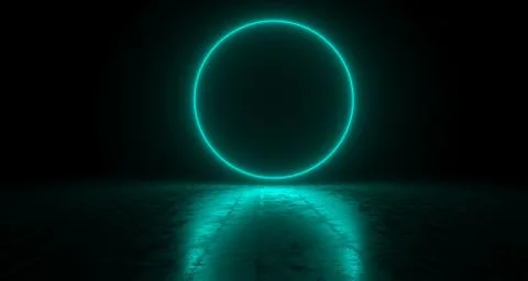 Blue Empty Circle Neon Light On Concrete Reflective Surface. 3D Rendering Stock Illustration