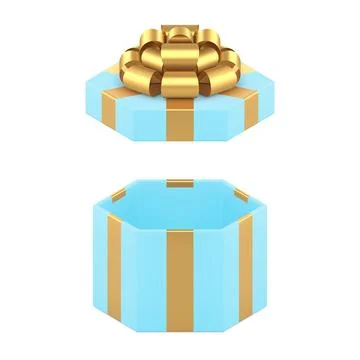 Blue empty gift box with open lid and golden luxury bow ribbon 3d icon realis Stock Illustration