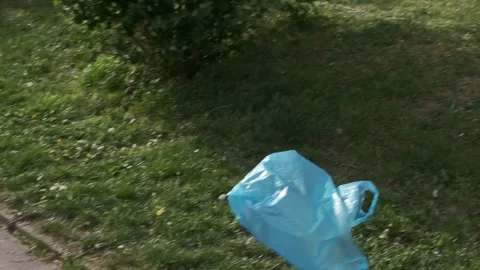 A blue empty plastic shopping bag flies in the wind in the park, showcasing.. Stock Footage 274622314