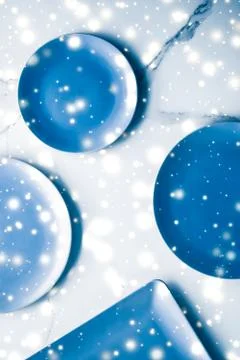 Blue empty plate on marble table flatlay background, tableware decoration for Stock Photos