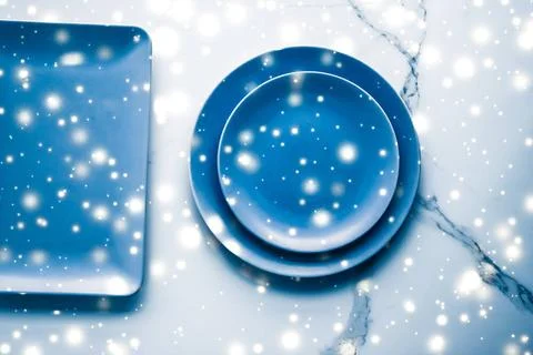 Blue empty plate on marble table flatlay background, tableware decoration ... Stock Photos
