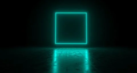 Blue Empty Rectangle Neon Light On Concrete Reflective Surface. 3D Rendering Illustrazione stock