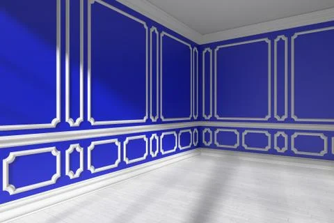 Blue empty room with molding and white parquet closeup Stock Illustration