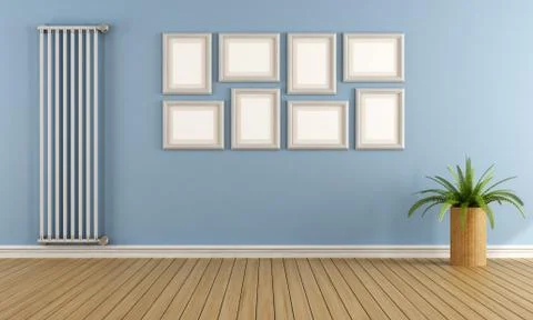 Blue empty room with vertical radiator Stock Illustration
