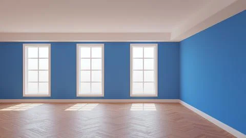 Blue Empty Room with a White Ceiling and Cornice, Glossy Herringbone Parquet Stock Illustration