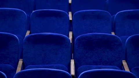 Blue empty seats in the audience prepared for the participants of the confe.. Видео 255444866