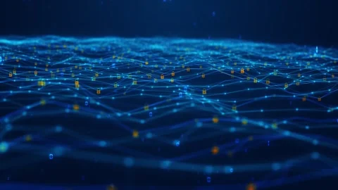 Blue encrypted network lock visual glowing connected mesh, floating security ico Stock Footage 340549390