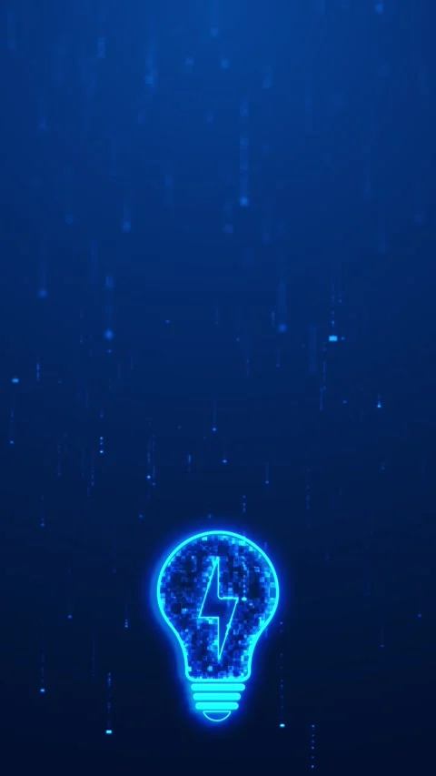 Blue energy bulb innovation background glowing lightning icon, dark copy space, Stock Footage 340526464