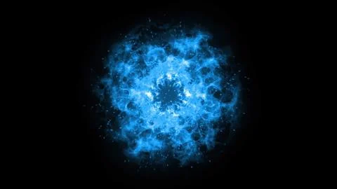 Blue energy explosion with glowing particles on dark background Stock Illustration