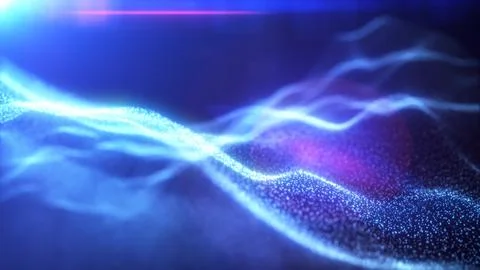 Blue energy glowing magic waves from particles of lines with light rays. Ab.. Illustrazione stock
