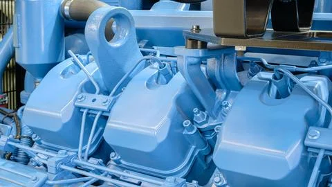 Blue engine with three cylinders. The engine is in a factory Foto stock