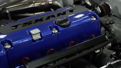 Blue Engine Valve Cover featured in a Modified Car automotive engineering Stock Footage 291620113