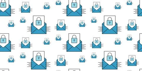 Blue envelope with lock icon seamless pattern white background Stock Illustration