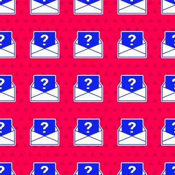 Blue Envelope with question mark icon isolated seamless pattern on red Stock Illustration