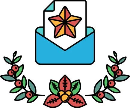 A blue envelope with a star on it and a wreath of leaves surrounding it Stock Illustration