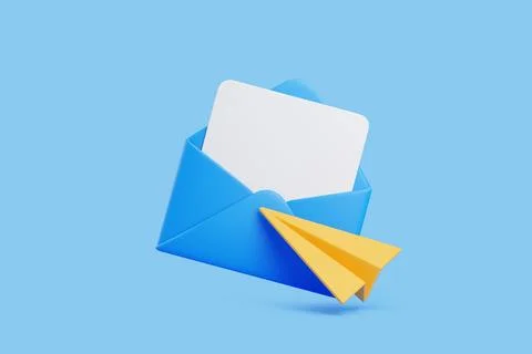 Blue envelope with white card and yellow paper plane icon on blue background Stock Illustration
