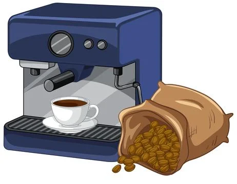 Blue Espresso Machine with Coffee Cup and Sack of Beans イラスト素材