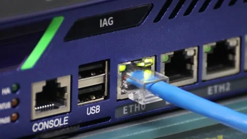 Blue Ethernet cable connected to a gigabit network switch Stock Footage 326576580