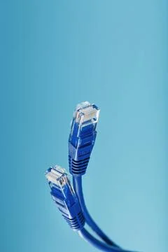 Blue Ethernet Cable Connectors Patch cord cord close-up isolated on a blue ba Fotos de archivo