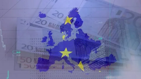 Blue Europe map centering 20-euro and code matrix forming charts emerging from Stock Footage 333033569