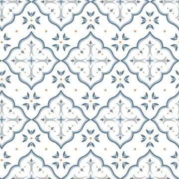 Blue European Tile Seamless Pattern with Vintage Floral and Geometric Motifs. Stock Illustration