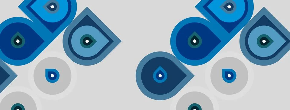 Blue evil eye patterns repeat across light gray background. Geometric shapes Stock Illustration