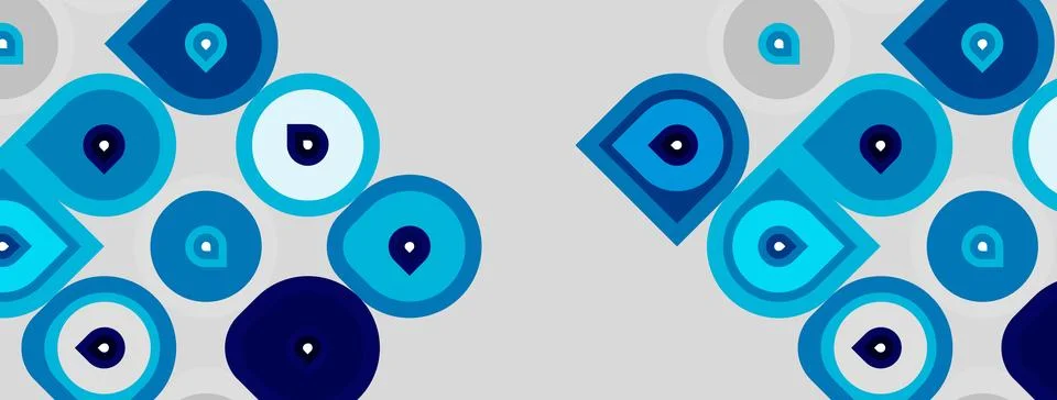 Blue evil eye patterns repeat across light gray background. Circles, teardrop Stock Illustration